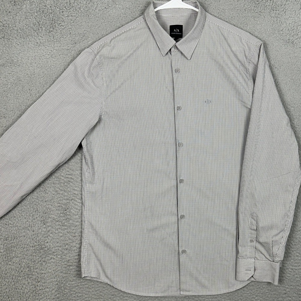 Armani Exchange Shirt Mens Large Regular Fit Grey Micro-Stripe Button-Up Casual